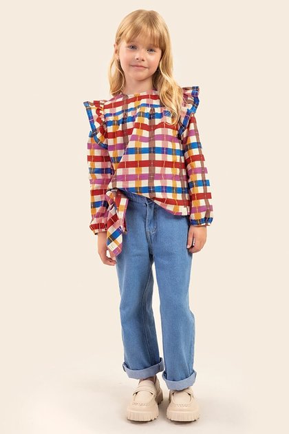 40049 calca jeans moda infantil unissex azul medio frente menina